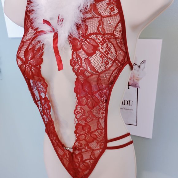 Avidlove Women's Lingerie Red Halter V Neck Lace Teddy - Picture 4 of 8